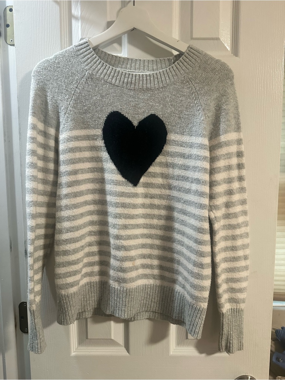 LOFT Gray, White & Black Striped Heart Crewneck Sweater